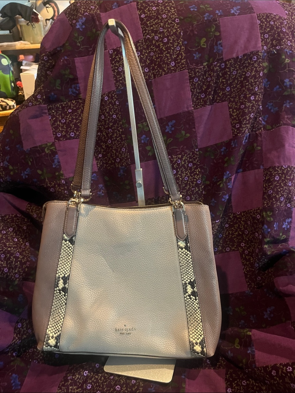kate spade Taupe and Mauve Pebbled Leather Shoulder Bag with Snake-Print Trim.